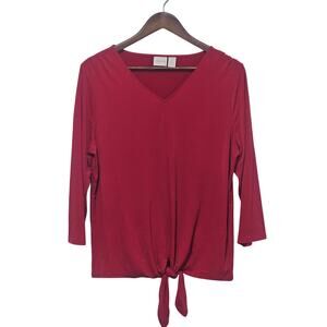 Chicos Red Tie-Front Detail V-Neckline 3/4 Sleeves Draped Silhouette Chic Casual